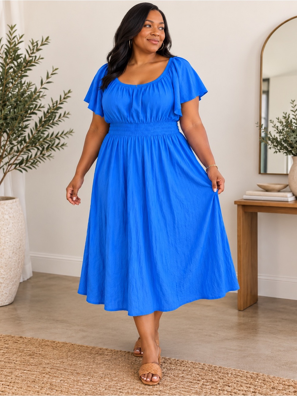 H&M Cobalt Blue 100% Cotton Smocked Waist Flutter Sleeve Midi Dress M